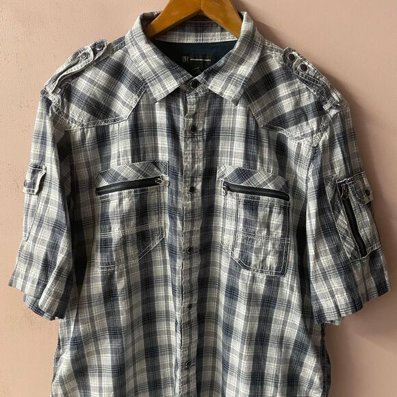 INC International Concepts Men’s Cream & Blue Plaid Button Down Shirt Sz L EUC - Picture 3 of 12